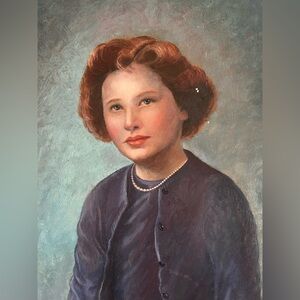 Midcentury original oil portrait of lady in pearls + sweater set. Signed “Erna.”